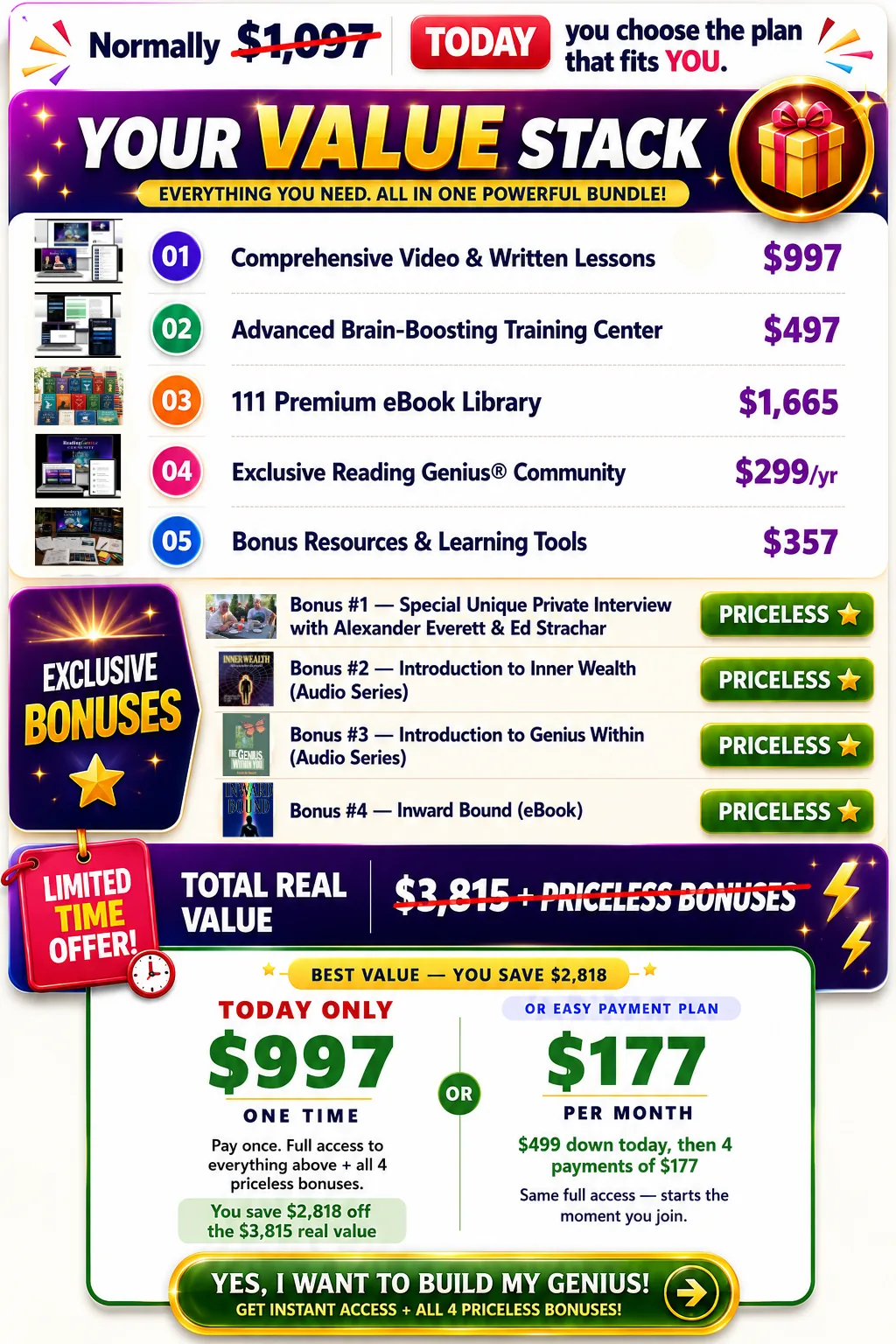 Normally $1,097 — today choose your plan. Value stack: lessons $997, training center $497, 111 eBook library $1,665, community $299 per year, bonus resources $357, four priceless bonuses — total real value $3,815; today only $997 one time or $499 down then 4 payments of $177