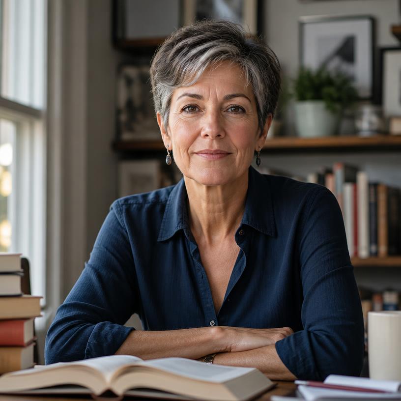 Confident woman in her fifties overcoming self-doubt while reading