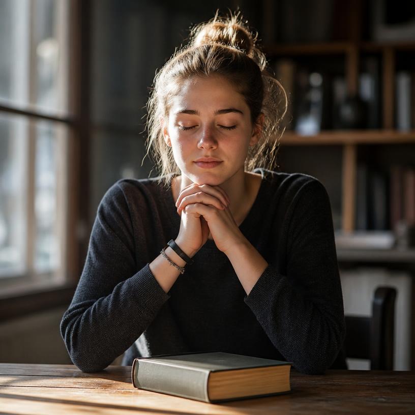 Young woman recalling a book from memory